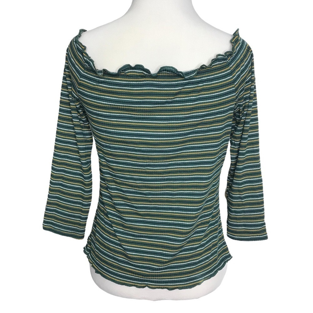 Rue21 Green Striped Lettuce Hem Neck Off/On Shoulder Blouse Size L Large